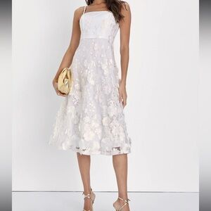 Lulu’s White Glamour Garden 3DFloral Embroidered Romantic SheerMesh Midi Dress M